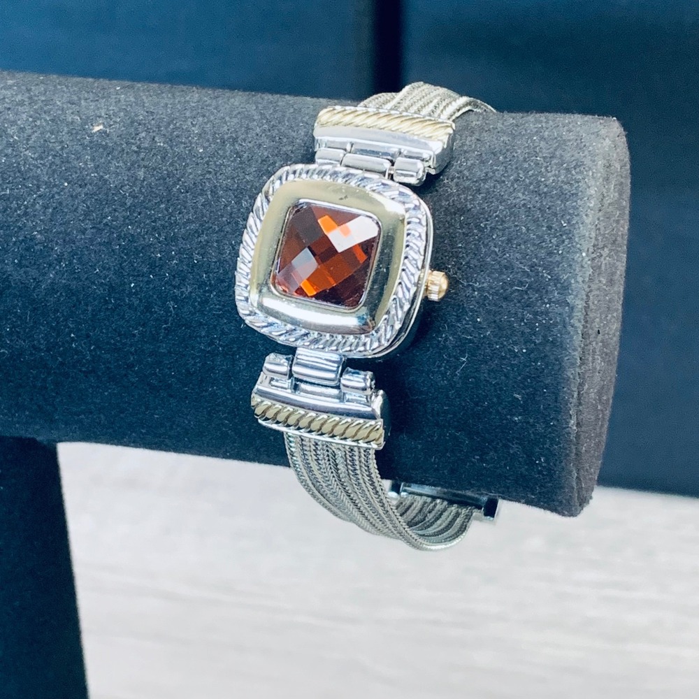 Charter Club Women Secret Watch Amber Stone Flip Top Two Tone Mesh Band 19063